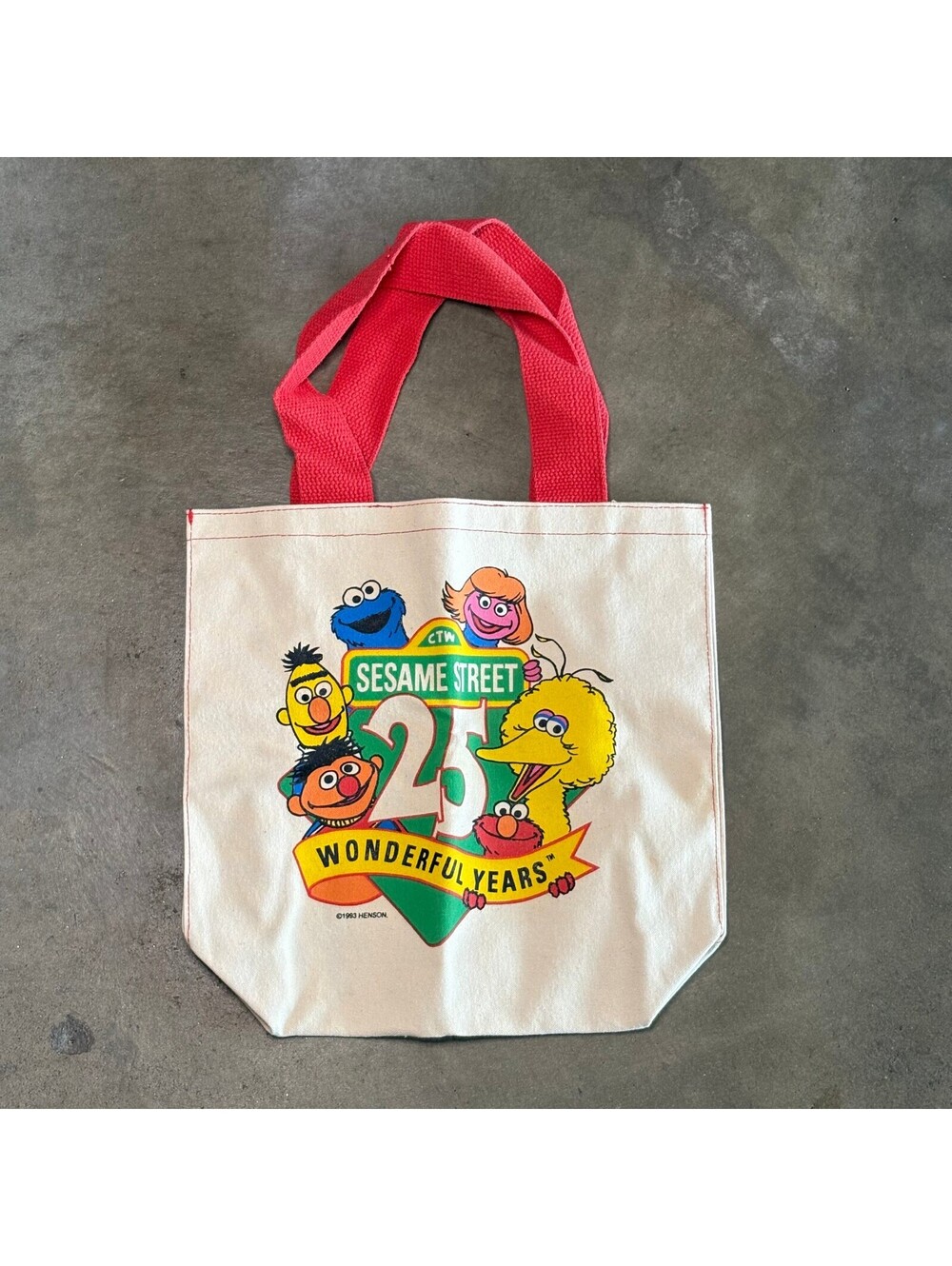 1993 Vintage Sesame Street 25th Anniversary Canvas Tote Bag with Red Handles